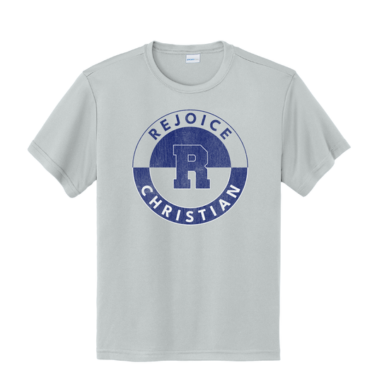 Rejoice Eagles - Screen Print Rejoice R Circle Distressed - Youth Competitor Tee (Silver)