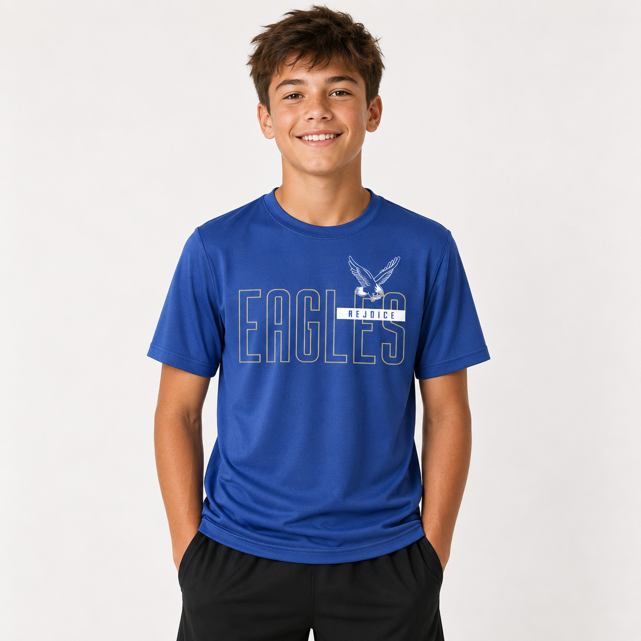 Rejoice Eagles – Screen Print Eagles Block Performance Tee – Youth