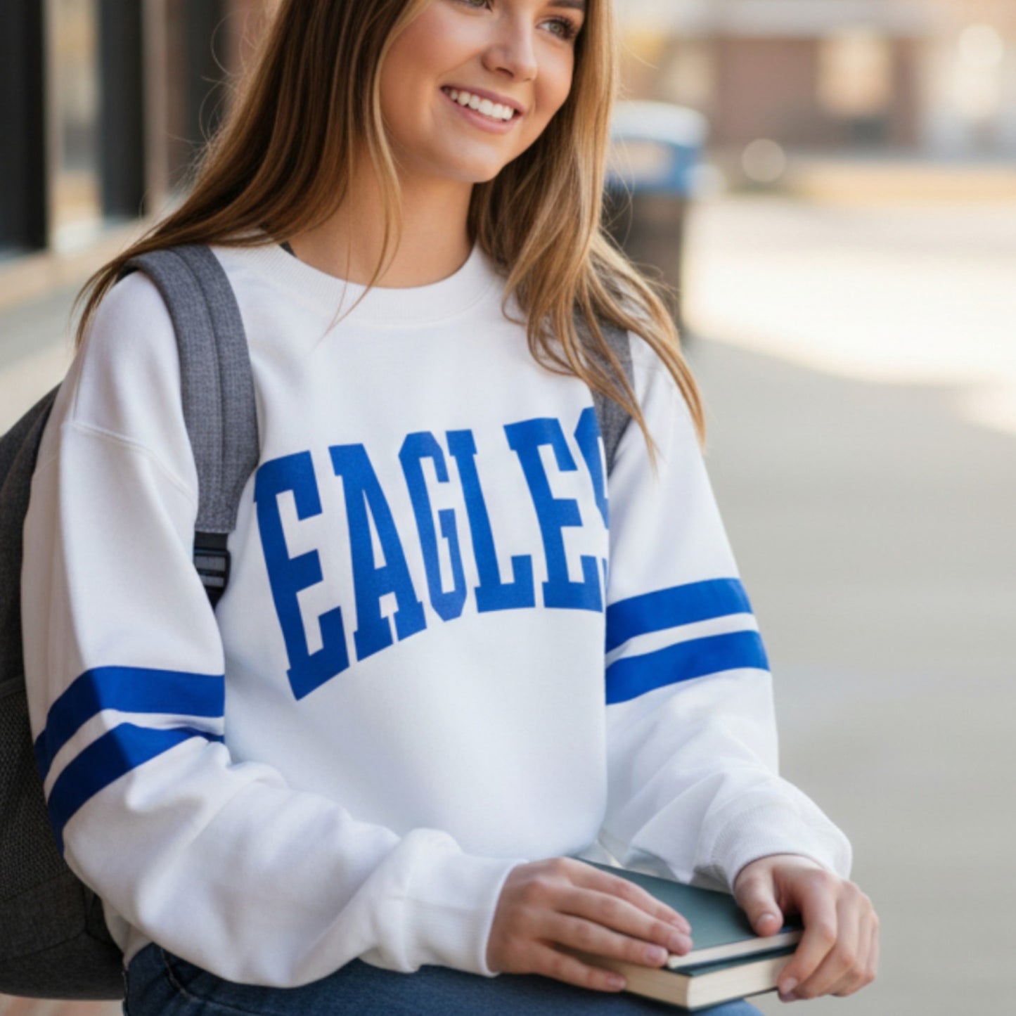 Rejoice Eagles - Screenprint Eagles Varsity Block - Varsity Stripe Sweatshirt