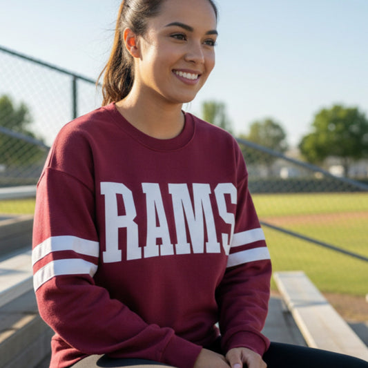 Owasso Rams - Screenprint Rams Varsity Block - Varsity Stripe Sweatshirt